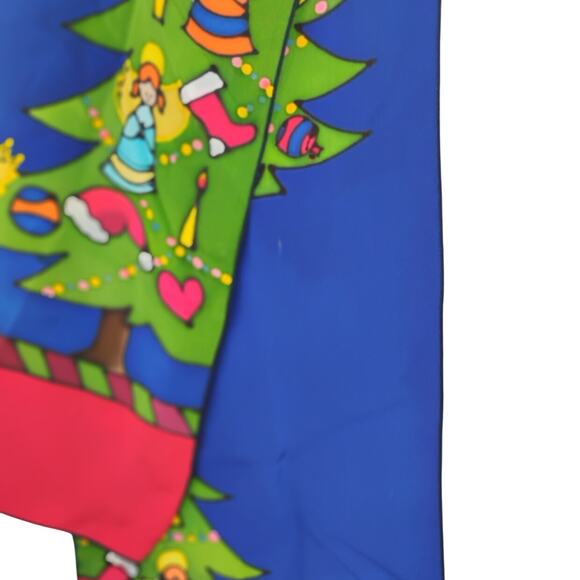 Hand Painted Silk Christmas Scarf Tree Angels Blue Red Green Made in USA - Picture 4 of 5